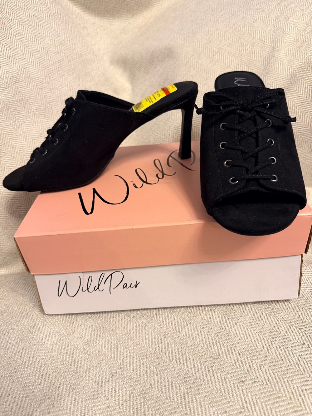 Wild Pair Black Lace-Up Open Toe Mule Heels 10